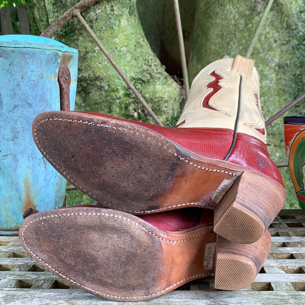 FRYE Vintage Red Lizard Leather Heeled Western Cowboy Boots—Made in USA, Size 7 - Picture 9 of 12
